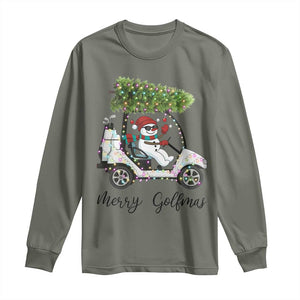 Funny Christmas Golf Long Sleeve Shirt Snowman Driving Golf Cart Merry Golfmas TS12 Military Green Print Your Wear