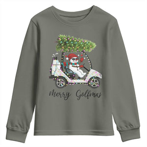 Funny Christmas Golf Youth Sweatshirt Snowman Driving Golf Cart Merry Golfmas TS12 Military Green Print Your Wear