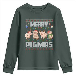 Funny Merry Pigmas Youth Sweatshirt Christmas Pig Ugly Sweater Gift TS12 Dark Forest Green Print Your Wear