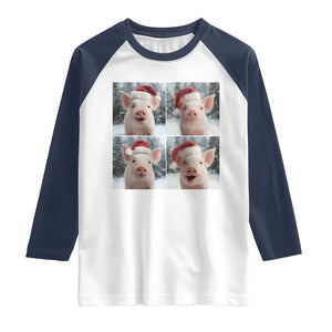 Funny Pig With Santa Hat Photobooth Raglan Shirt Christmas Gift TS12 White Navy Print Your Wear
