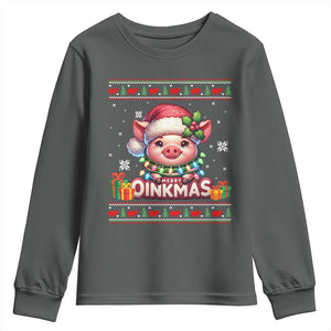 Funny Merry Oinkmas Youth Sweatshirt Pig Lover Ugly Christmas Gift TS12 Dark Heather Print Your Wear