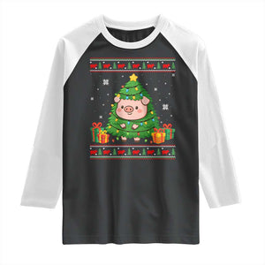 Funny Pig Christmas Tree Ugly Sweater Raglan Shirt Farm Animal Gift TS12 Black White Print Your Wear