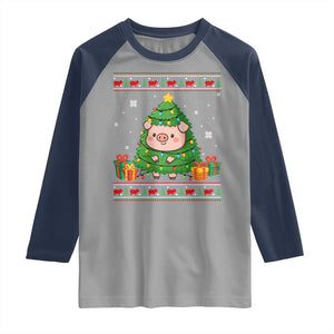 Funny Pig Christmas Tree Ugly Sweater Raglan Shirt Farm Animal Gift TS12 Sport Gray Navy Print Your Wear