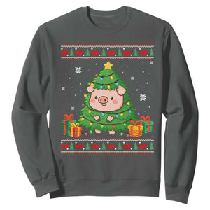 Funny Pig Christmas Tree Ugly Sweater Sweatshirt Farm Animal Gift TS12 Dark Heather Print Your Wear