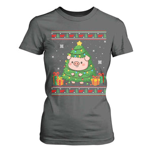 Funny Pig Christmas Tree Ugly Sweater T Shirt For Women Farm Animal Gift TS12 Dark Heather Print Your Wear