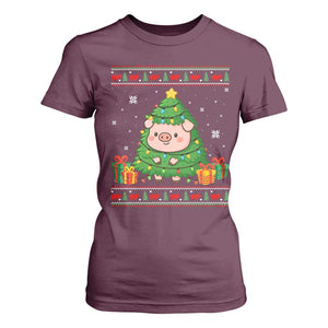Funny Pig Christmas Tree Ugly Sweater T Shirt For Women Farm Animal Gift TS12 Maroon Print Your Wear