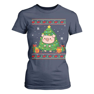 Funny Pig Christmas Tree Ugly Sweater T Shirt For Women Farm Animal Gift TS12 Navy Print Your Wear