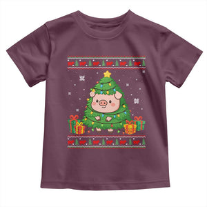 Funny Pig Christmas Tree Ugly Sweater Toddler T Shirt Farm Animal Gift TS12 Maroon Print Your Wear