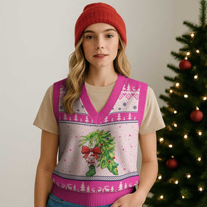 Funny Xmas Pig In Green Hand Naughty V-Neck Knit Sweater Vest Pet Lover Gift TS12 Hot Pink Print Your Wear