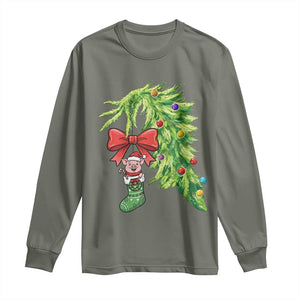 Funny Christmas Pig In Green Hand Naughty Long Sleeve Shirt Pet Lover Gift TS12 Military Green Print Your Wear