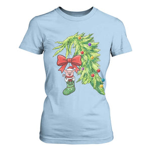 Funny Christmas Pig In Green Hand Naughty T Shirt For Women Pet Lover Gift TS12 Light Blue Print Your Wear