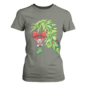 Funny Christmas Pig In Green Hand Naughty T Shirt For Women Pet Lover Gift TS12 Military Green Print Your Wear