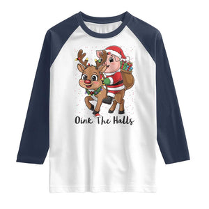 Oink The Halls Raglan Shirt Pig Christmas Farm Life Gift TS12 White Navy Print Your Wear