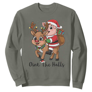 Oink The Halls Sweatshirt Pig Christmas Farm Life Gift TS12 Military Green Print Your Wear