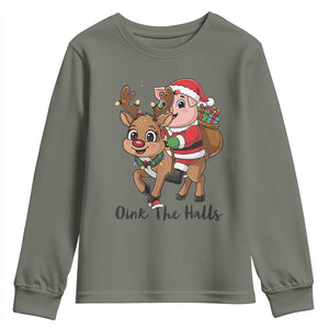 Oink The Halls Youth Sweatshirt Pig Christmas Farm Life Gift TS12 Military Green Print Your Wear