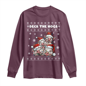 Deck The Hogs Ugly Christmas Sweater Long Sleeve Shirt Pig Lover Gift TS12 Maroon Print Your Wear