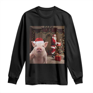 Funny Christmas Pig Selfie With Santa Gift Long Sleeve Shirt TS12 Black Print Your Wear