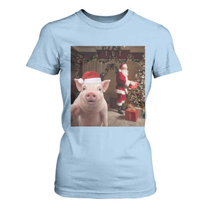 Funny Christmas Pig Selfie With Santa Gift T Shirt For Women TS12 Light Blue Print Your Wear