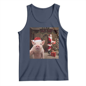Funny Christmas Pig Selfie With Santa Gift Tank Top TS12 Navy Print Your Wear
