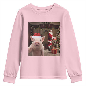 Funny Christmas Pig Selfie With Santa Gift Youth Sweatshirt TS12 Light Pink Print Your Wear
