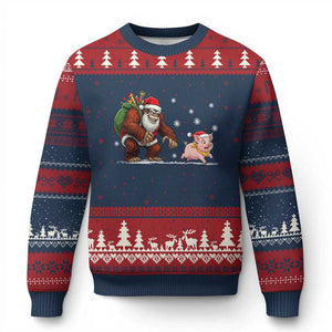 Christmas Cryptid Farm Life Gift Ugly Christmas Sweater Funny Bigfoot Chasing Pig TS12 Navy Red Print Your Wear