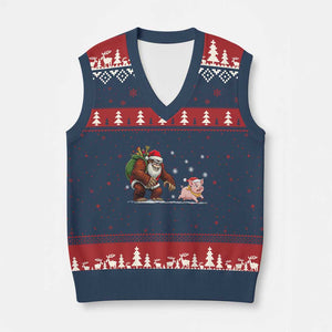 Christmas Cryptid Farm Life Gift V-Neck Knit Sweater Vest Funny Bigfoot Chasing Pig TS12 Navy Red Print Your Wear
