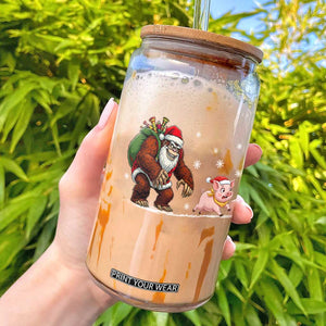 Christmas Cryptid Farm Life Gift Glass Can Funny Bigfoot Chasing Pig TS12 Black Print Your Wear