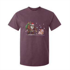 Christmas Cryptid Farm Life Gift T Shirt For Kid Funny Bigfoot Chasing Pig TS12 Maroon Print Your Wear