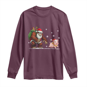 Christmas Cryptid Farm Life Gift Long Sleeve Shirt Funny Bigfoot Chasing Pig TS12 Maroon Print Your Wear