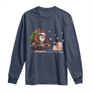 Christmas Cryptid Farm Life Gift Long Sleeve Shirt Funny Bigfoot Chasing Pig TS12 Navy Print Your Wear