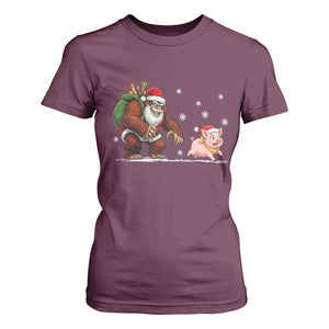 Christmas Cryptid Farm Life Gift T Shirt For Women Funny Bigfoot Chasing Pig TS12 Maroon Print Your Wear