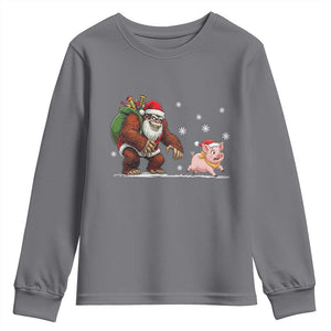Christmas Cryptid Farm Life Gift Youth Sweatshirt Funny Bigfoot Chasing Pig TS12 Charcoal Print Your Wear