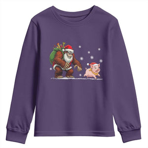 Christmas Cryptid Farm Life Gift Youth Sweatshirt Funny Bigfoot Chasing Pig TS12 Purple Print Your Wear