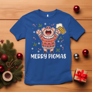 Christmas Pig Drinking Beer T Shirt Funny Merry Pigmas Gift TS12 Royal Blue Print Your Wear