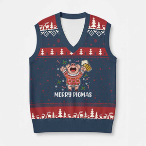 Christmas Pig Drinking Beer V-Neck Knit Sweater Vest Funny Merry Pigmas Gift TS12 Navy Red Print Your Wear