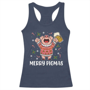 Christmas Pig Drinking Beer Racerback Tank Top Funny Merry Pigmas Gift TS12 Navy Print Your Wear