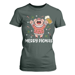 Christmas Pig Drinking Beer T Shirt For Women Funny Merry Pigmas Gift TS12 Dark Forest Green Print Your Wear