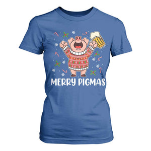 Christmas Pig Drinking Beer T Shirt For Women Funny Merry Pigmas Gift TS12 Royal Blue Print Your Wear