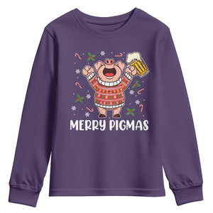 Christmas Pig Drinking Beer Youth Sweatshirt Funny Merry Pigmas Gift TS12 Purple Print Your Wear