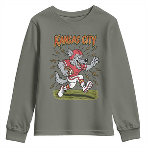 Funny Wolf Football Lover Youth Sweatshirt Sport Humor Gift TS12 Military Green Print Your Wear