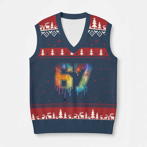 Funny Six Seven Prism Effect Printed Meme V-Neck Knit Sweater Vest TS12 Navy Red Print Your Wear