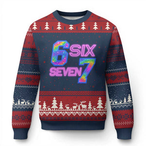 Colorful Neon Light Effect Ugly Christmas Sweater Six Seven Meme TS12 Navy Red Print Your Wear