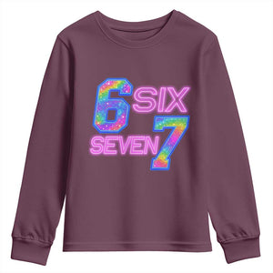 Colorful Neon Light Effect Youth Sweatshirt Six Seven Meme TS12 Maroon Print Your Wear
