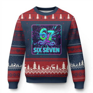 Funny Six Seven Meme Ugly Christmas Sweater Cyberpunk Neon Style TS12 Navy Red Print Your Wear