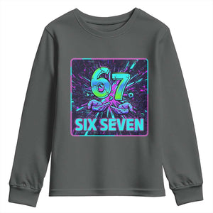 Funny Six Seven Meme Youth Sweatshirt Cyberpunk Neon Style TS12 Dark Heather Print Your Wear