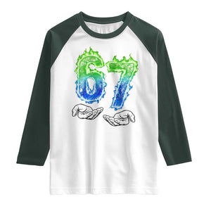 Green Fire Flame Six Seven Raglan Shirt Trendy Meme Gift TS12 White Dark Forest Green Print Your Wear
