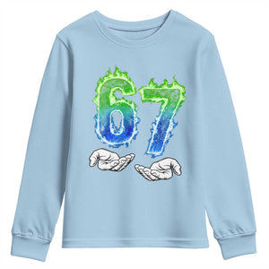 Green Fire Flame Six Seven Youth Sweatshirt Trendy Meme Gift TS12 Light Blue Print Your Wear
