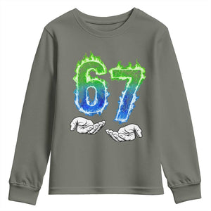 Green Fire Flame Six Seven Youth Sweatshirt Trendy Meme Gift TS12 Military Green Print Your Wear