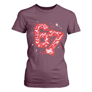 Glitch Swirl Effect Printed Six Seven Meme T Shirt For Women Valentines Day Gift TS12 Maroon Print Your Wear