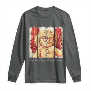 Retro Cupid Says Six Seven Long Sleeve Shirt 67 Valentines Day TS12 Dark Heather Print Your Wear